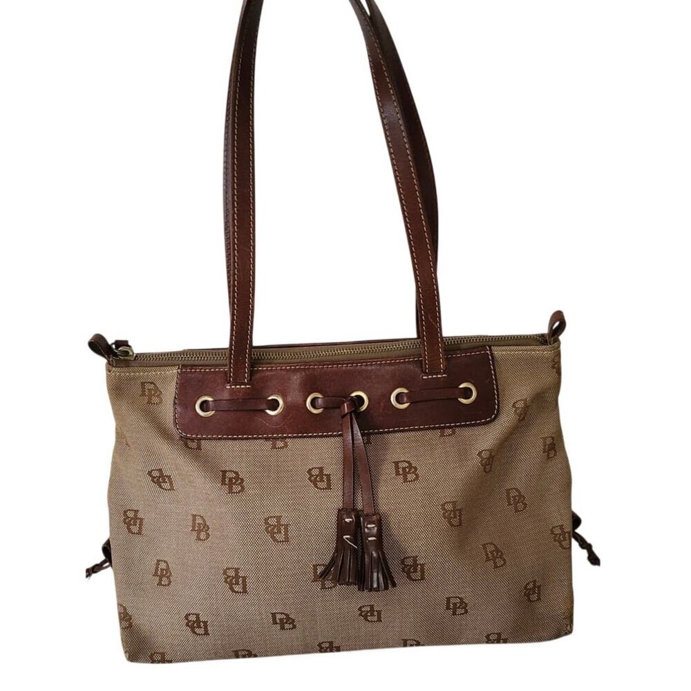 Vintage Dooney & Bourke Signature Monogram Tassel Tote Bag Tan Brown Y2K